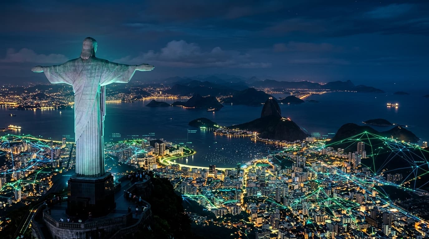 Christ the Redeemer with glowing tech mesh